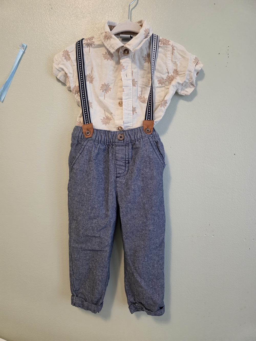 Boys Cream Palm-Print Shirt with Blue Chambray Pants & Navy Suspenders